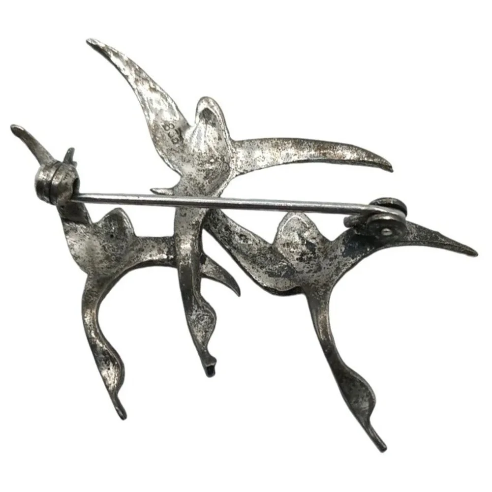 Vintage 835 Silver Bird Brooch Marcasites Enamel Ducks Flying Figural Pin Jewelr